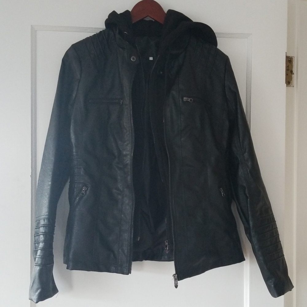 Cool Faux leather Coat with hooded liner